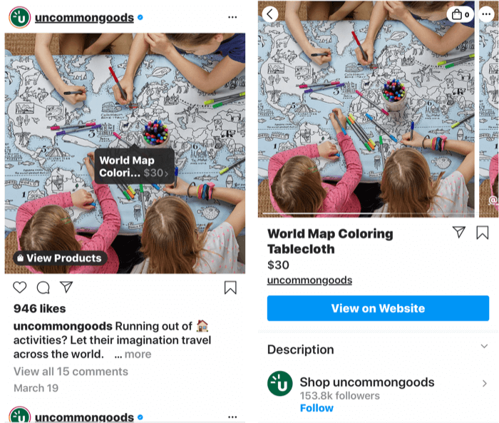 tangkapan layar yang menunjukkan tag instagram ditambahkan ke posting produk yang dapat dibeli serta halaman toko produk setelah tag posting dipilih