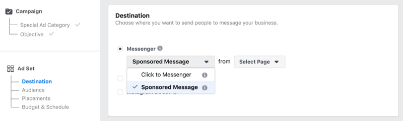 Opsi Pesan Sponsor Facebook di Manajer Iklan Facebook