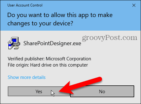 Kotak dialog Kontrol Akun Pengguna (UAC) untuk menginstal Sharepoint Designer 2010