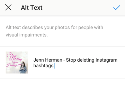 Cara menambahkan teks alt ke posting Instagram, langkah 7, opsi untuk menyimpan perubahan ke teks alt Anda