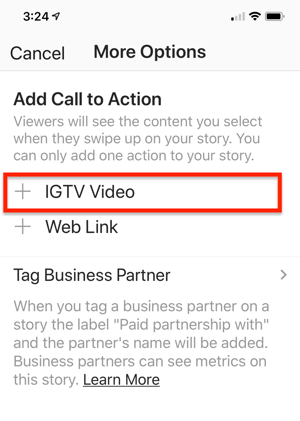 Pilihan untuk memilih Tautan Video IGTV untuk ditambahkan ke cerita Instagram Anda.
