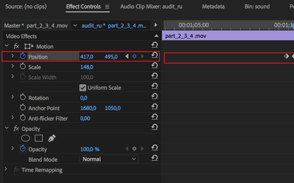 Pengaturan untuk menyesuaikan posisi tengah untuk setiap bingkai dalam urutan Anda di Adobe Premier Pro.