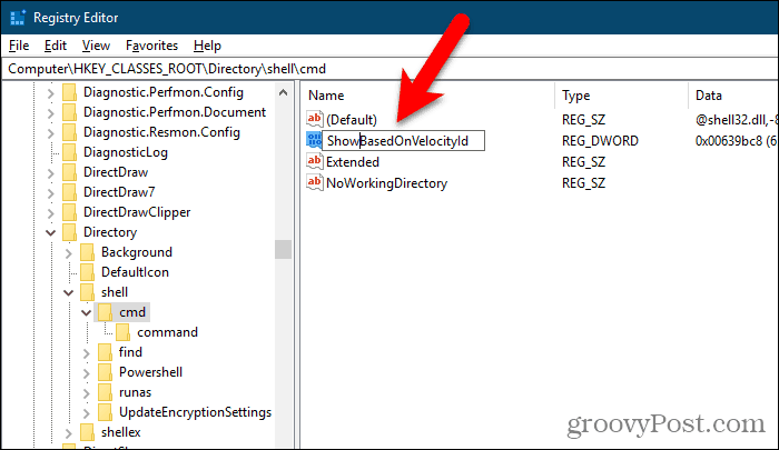 Ganti nama nilai HideBasedOnVelocityId menjadi ShowBasedOnVelocityId di Windows Registry Editor