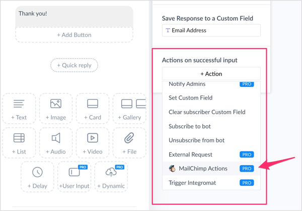 Pilih Tindakan Mailchimp dari daftar tindakan.