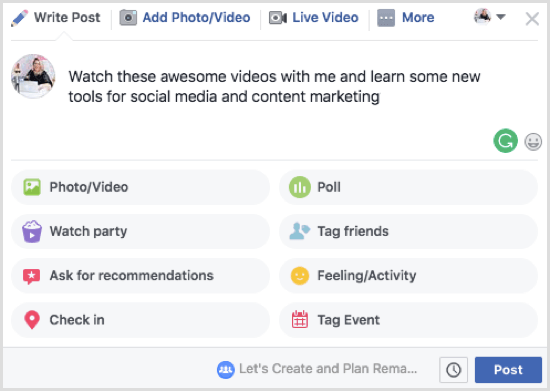 Jika Anda berencana untuk membagikan serangkaian video di pesta tontonan Facebook Anda, jelaskan di kotak deskripsi.