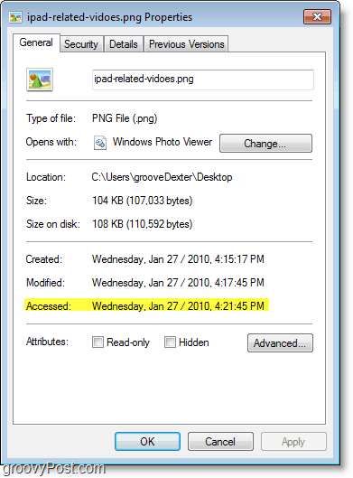 Tangkapan layar Windows 7 - tanggal yang diakses tidak diperbarui dengan sangat baik