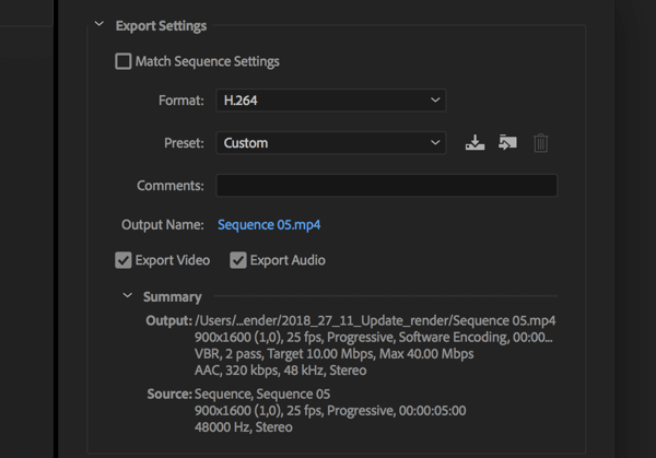 Mengatur untuk mengekspor video Adobe Premier Pro Anda dengan Format disetel ke H.264.