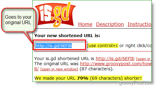tangkapan layar shortener is.gd url - salin URL pendek yang baru