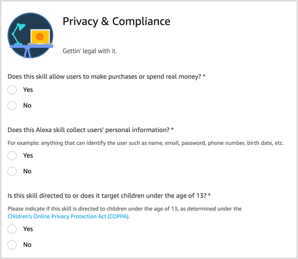 Jawab pertanyaan Privasi & Kepatuhan untuk keahlian Alexa Anda.