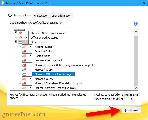 Klik Instal Sekarang untuk menginstal Microsoft Office Picture Manager dari Sharepoint Designer 2010