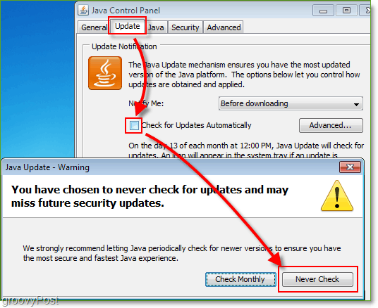 Tangkapan layar: Windows 7 Nonaktifkan Pemeriksaan Pembaruan Java