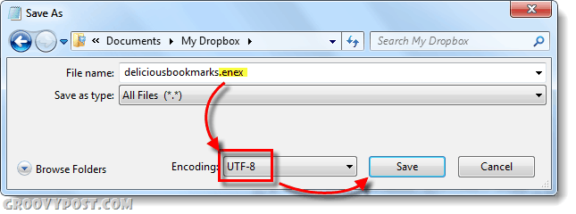 simpan file notepad sebagai .enex dengan utf-8 encoding
