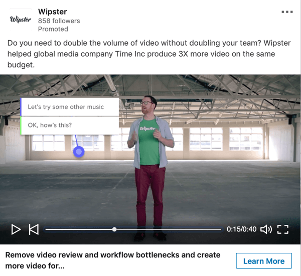 Cara membuat iklan berbasis tujuan LinkedIn, sampel iklan video bersponsor oleh Wipster