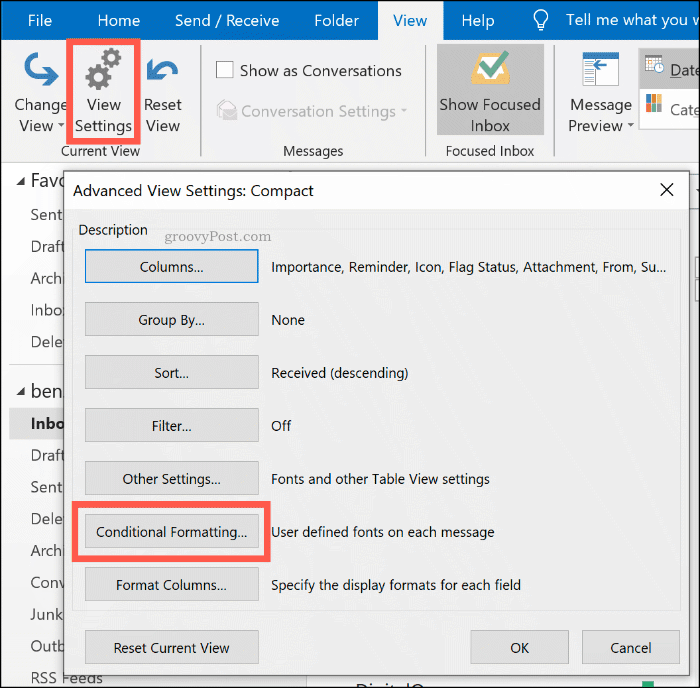 Tombol Opsi pemformatan bersyarat di Microsoft Outlook