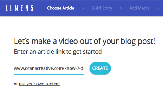 Tambahkan URL untuk entri blog tempat Anda ingin membuat video Lumen5.