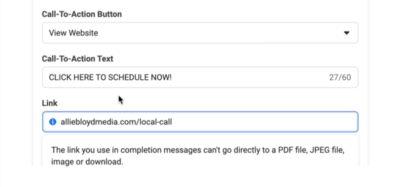 Facebook lead ads membuat opsi formulir prospek baru untuk mengatur tombol ajakan bertindak, teks, dan tautan dengan tombol contoh tampilan situs web dan teks 'klik di sini untuk menjadwalkan sekarang!'