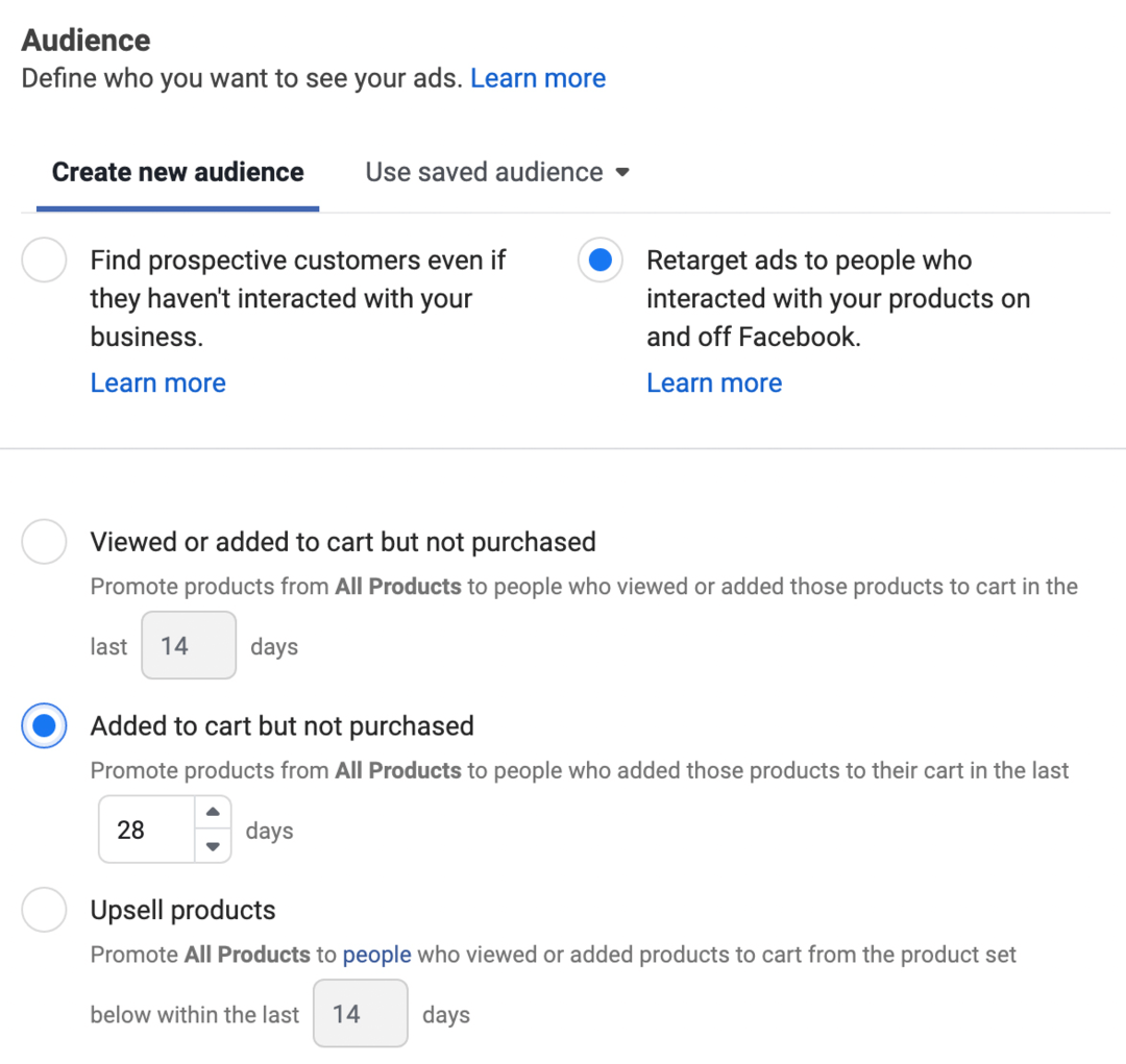 gambar dari iklan Retargeting kepada orang-orang yang berinteraksi dengan produk Anda di dalam dan di luar opsi Facebook yang dipilih di Pengelola Iklan