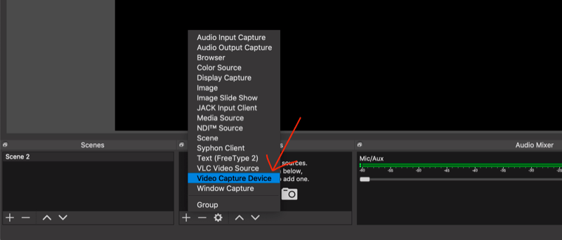 pilih Video Capture Device dari menu pop-up di OBS Studio