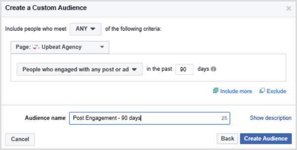 Pilih opsi untuk mengatur audiens kustom Facebook berdasarkan orang-orang yang terlibat dengan posting atau iklan apa pun dalam 90 hari terakhir