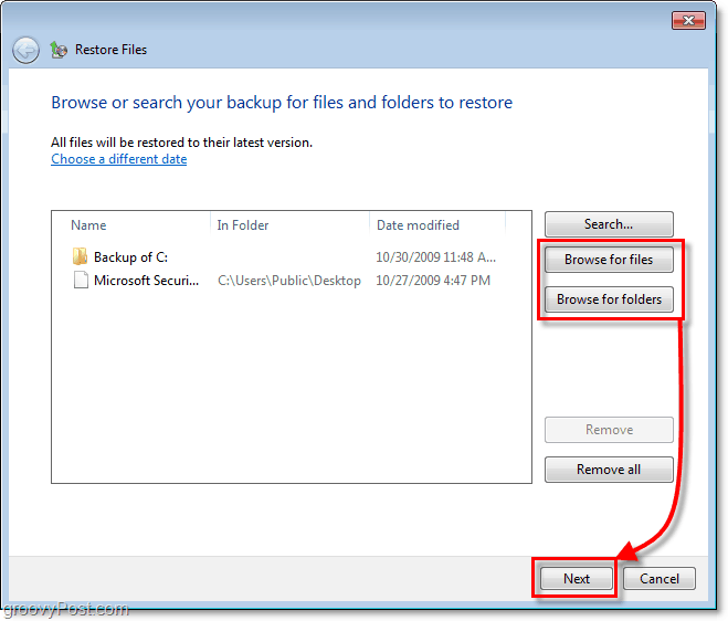 Windows 7 Backup - pilih file atau folder mana yang ingin Anda pulihkan