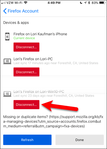 Putuskan sambungan perangkat di Firefox untuk iOS