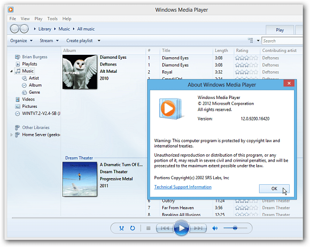 Windows Media Player pada Desktop Windows 8