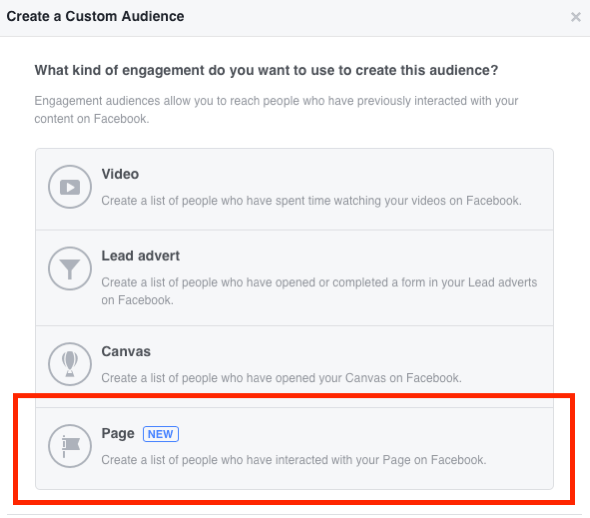 Pilih Halaman sebagai jenis keterlibatan yang ingin Anda gunakan untuk membuat audiens kustom Facebook Anda.