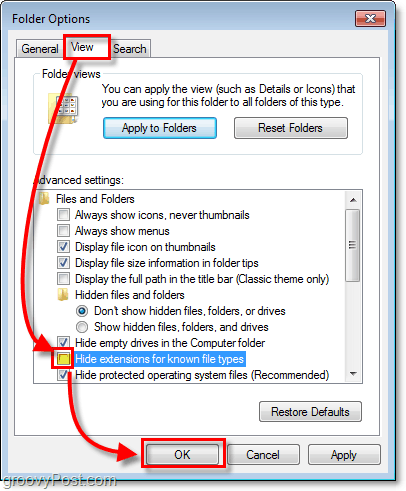 dalam dialog opsi folder windows 7 klik tab tampilan lalu hapus centang sembunyikan ekstensi untuk jenis file yang diketahui