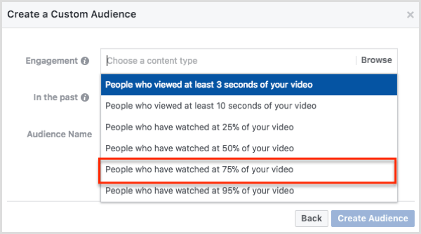 Pilih Orang yang Telah Menonton 75% Video Anda di kotak dialog Buat Audiens Kustom.