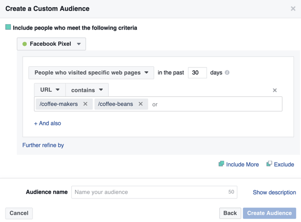 Untuk membuat custom audience Facebook Anda, pilih People Who Visit Specific Web Pages dan ketik URL halaman arahan Anda.
