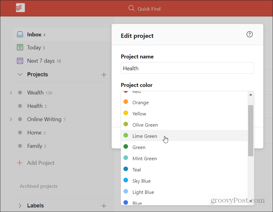 memilih warna proyek dalam todoist