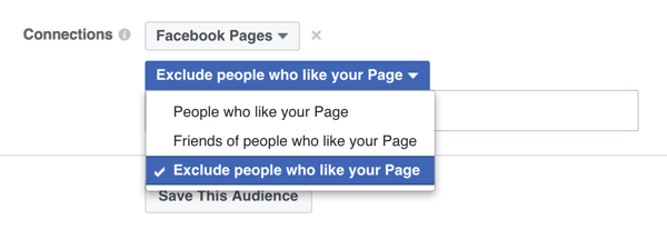 opsi penargetan iklan facebook untuk mengecualikan orang-orang yang sudah menyukai halaman