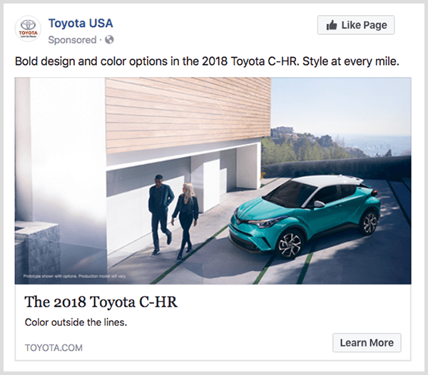 Iklan keterlibatan Facebook dari Toyota menampilkan Toyota C-HR berwarna biru kehijauan dan memiliki tombol Pelajari Lebih Lanjut.