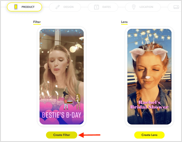 Klik Buat Filter untuk menyiapkan geofilter Snapchat untuk acara Anda.