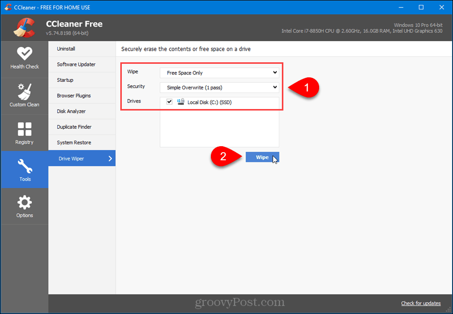 Drive Wiper di CCleaner