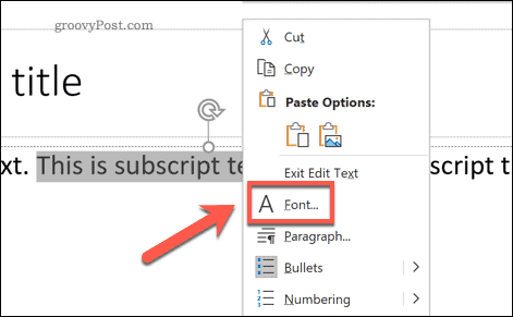 Mengakses menu opsi Font di PowerPoint di Windows melalui menu opsi pop-up