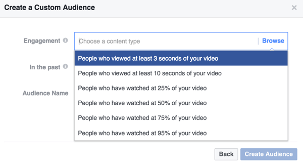 Pilih kriteria keterlibatan untuk audiens video kustom Facebook Anda.