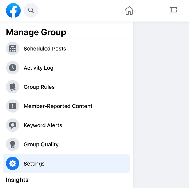 tangkapan layar dari menu grup kelola facebook dengan opsi pengaturan disorot