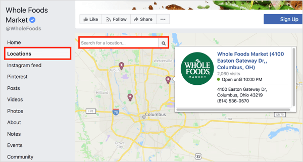 Mengklik tab Lokasi di halaman Facebook akan menampilkan lokasi individu di peta. 