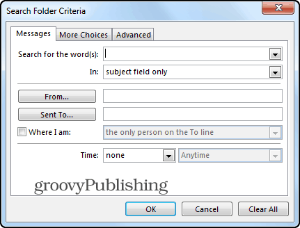 Kriteria khusus folder pencarian Outlook 2013