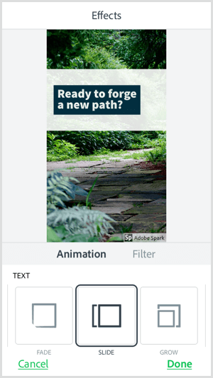 Pilih opsi animasi teks dengan aplikasi seluler Adobe Spark Post.