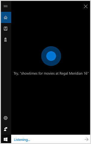 Cortana, antarmuka percakapan Windows, adalah kotak vertikal hitam dengan titik biru di tengahnya. Bidang putih di bagian bawah menunjukkan perangkat Windows sedang mendengarkan.