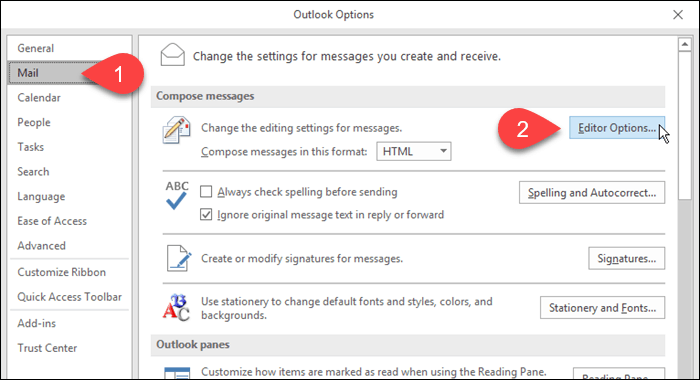 Klik Surat lalu Opsi Editor di Outlook