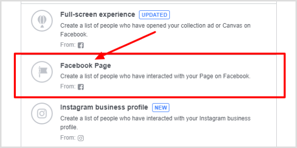 Pilih Halaman Facebook sebagai jenis keterlibatan.