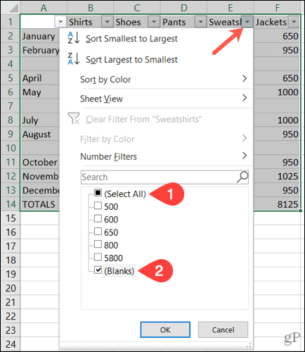 Filter baris kosong di Excel