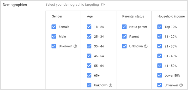 Pengaturan demografi untuk kampanye Google AdWords.