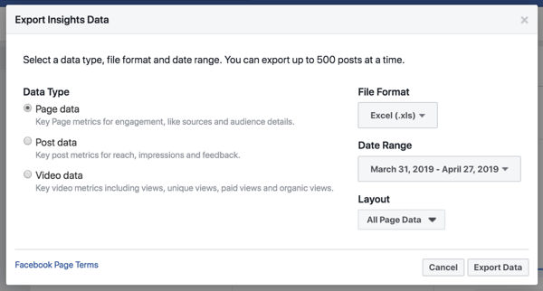 Ekspor data Facebook Insights Anda untuk menyederhanakan analisis data.