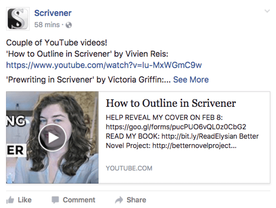 Scrivener membagikan video YouTube yang mungkin disukai pengguna di halaman Facebook-nya.