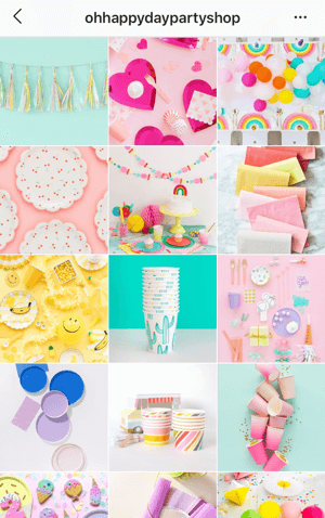 Cara memperbaiki foto instagram Anda, contoh tema feed Instagram dari Oh Happy Day Party Shop menampilkan palet warna cerah