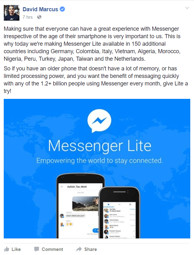 Facebook Messenger Lite sekarang tersedia di lebih banyak negara di seluruh dunia.